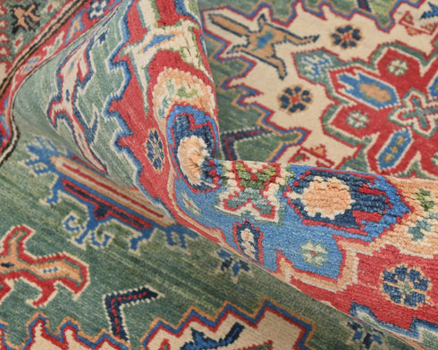 4x6 Green Kuba Afghan Hand Knotted Wool Area Rug